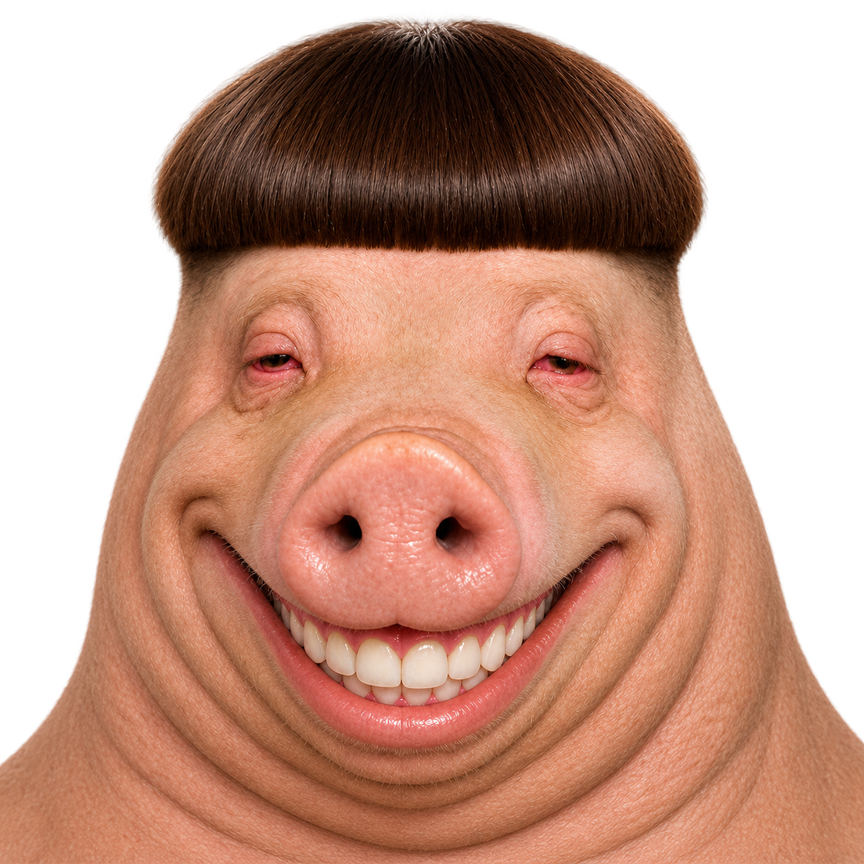 Puffcut Pig smiling with a glossy bowl haircut
